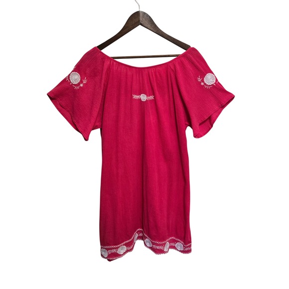 Mango Reef Tops - Mango Reef Womens 1X Pink Crinkle Gauze Embroidered Boho Tassel Tunic Dress